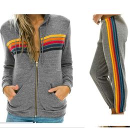 Dames Hoodies Sweatshirts Designer Zip Up Oversized Hoodie Regenboog Harajuku Donsignet Jas Casual Mode Gestreept Plus Size Jas Dr Otrmq