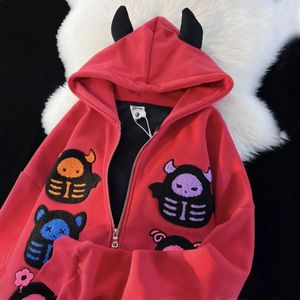 Dames Hoodies Sweatshirts Harajuku Little Demon Dames Devil Horn Design Sweater Student Top Goth Sweatshirt High Street Zip Up Hoodie Y2K Deskleding 230214