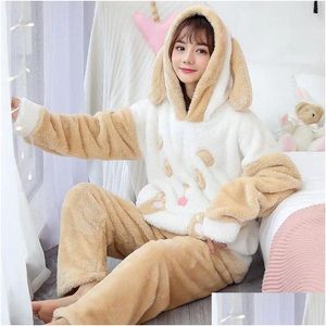 Sweats à capuche pour femmes Sweatshirts à capuche Flanelle Pyjama Costume Oreilles de dessin animé Ours Vêtements de nuit Filles Manches longues Hiver Chaud Vêtements de nuit Accueil Vêtement Dhcbg