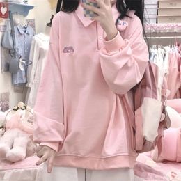 Femmes Hoodies Sweats HOUZHOU Mode Japonaise Rose À Capuche Femmes Kawaii Mignon Broderie Polo Col Lâche Doux Fille Preppy Pull Hiver 221010