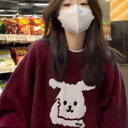 Femmes Hoodies Sweats Jielur Coréen Noir Bordeaux Hoodies Femmes Polaire Chaud Mignon Lapin Kpop Sweat Filles Oneck Kawaii Top Femme À Capuche MXXL 221010