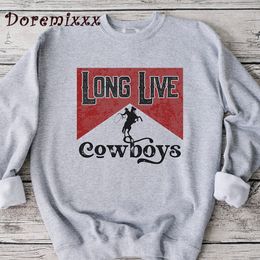 Sweats à capuche pour femmes Sweatshirts Long Live Cowboys Western Graphic Sweatshirt pour femmes amoureux des chevaux décontracté à capuche Cowgirl manches Y2k vêtements 2000s 230301