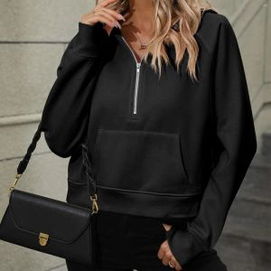 Sweats à capuche pour femmes Sweatshirts Loose Side Pocket Half Zipper Plover Sweet Sweet Sweat Fleece Cropped Color Sweater Sweater Long Sleeve Drop Dhwcp