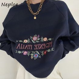 Sweats à capuche pour femmes Sweats Neploe American Retro Bleu marine Broderie Automne Hauts à manches longues Mujer EGirl Oneck Sweat ample Femmes 230808