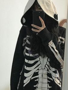 Sweats à capuche pour femmes Sweatshirts QWEEK Y2K Gothique Zip Up Femmes Punk Surdimensionné Crâne Squelette Imprimer Noir Hip Hop Lâche Tops Veste Grunge 230925