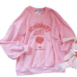 Sweats à capuche pour femmes Sweatshirts S3XL Harajuku Kawaii Sweat Fraise Rose Printemps Kpop Style Coréen Polaire Femmes Support Élargi Outwear pour Filles 230224