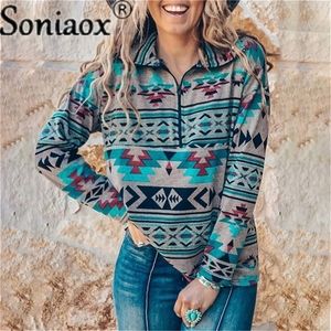 Dames hoodies sweatshirts lente herfst vrouwen etnische stijl geometrie print sexy stand -up kraag ritsing longsleeve casual pullover 221010