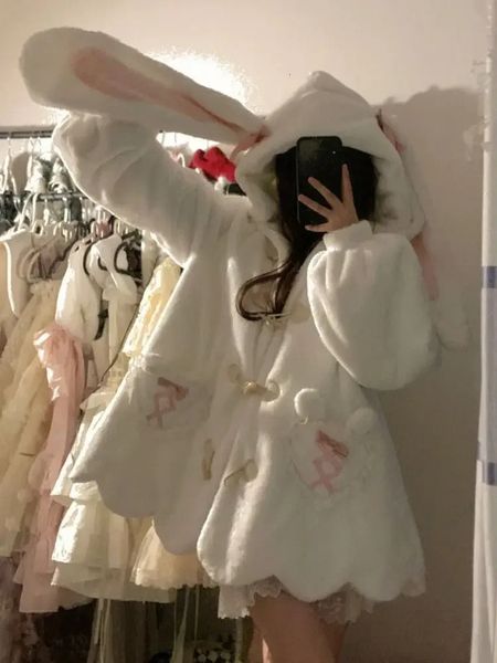 Sweats à capuche pour femmes Sweat-shirt en velours épais et fourrure en coton rembourré Veste Streetwear Oreilles de lapin mignonnes Sweat à capuche en laine d'agneau pour femmes Kawaii Y2k 231215