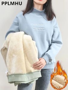 Sweats à capuche pour femmes Sweatshirts d'hiver Sweat-shirt épais décontracté en laine d'agneau ample demi-bleu marine pull chaud avec doublure en laine Sudaderas 231214