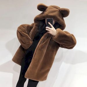 Sweats à capuche pour femmes Sweatshirts hiver manteaux chauds femmes imitation fourrure de vison manteau à capuche mignon ours oreille en peluche épaissir à capuche mode lâche mi-longueur veste à capuche 231208