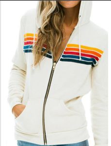 Sweats à capuche pour femmes Sweatshirts de mode femme Sweat à capuche surdimensionné Rainbow Stripe à manches longues Sweet-shirt Zipper Pocket Coat Veste printemps décontracté V 4q0d