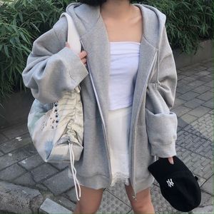 Women's Oversized Hoodies, Solid Color Long Sleeve Zip-Up Hooded Sweatshirts with Pockets