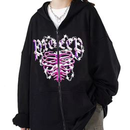 Dames hoodies sweatshirts y2k lange mouw ritsjack jassen Harajuku skelet geprinte rits omhoog gotische punk hiphop hiphop capuchon 230601