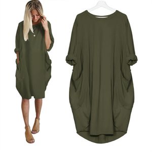Womens Hot Sale Fashion Pocket Loose Ladies Solid Crew Neck Casual Long Tops Dress Plus Size