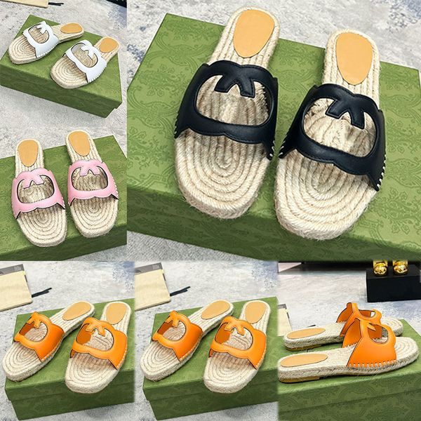 Sandales à glissière entrelacées G découpées pour femmes en cuir découpé orange Cordon avec caoutchouc Semelle plate en cuir de vache haut de gamme été Pantoufles de paille de plage florales