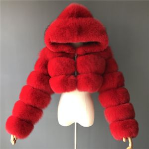 Damesjack bijgesneden bont faux jassen en jassen dames pluizige topjas met capuchon lange mouw natuur kleur winter jassen manteau femme ontwerper walean kleding rood