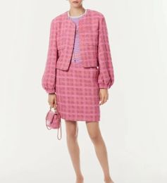 chaqueta para mujer rosa tweed tweed manga redonda cuello corto 240423