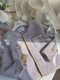 Damesjas Kleine geur lavendel paars tweed vest jas tops 2024 herfst winter korte Koreaanse mode vrouw kleding 240301
