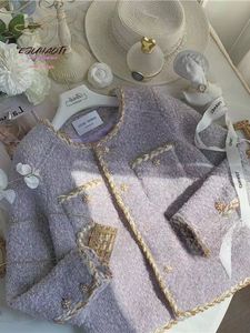Veste femme petit parfum lavande violet Tweed Cardigan manteau hauts automne hiver court mode coréenne femme vêtements 240112