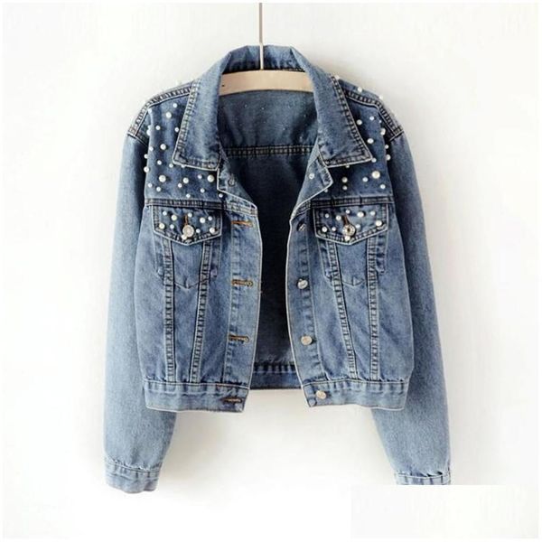 Chaquetas para mujer 2021 Otoño Perla Rebordear Cultivo Denim Mujeres Casual Jeans Bomber Chaqueta Abrigo de manga larga Talla grande Outwear Ed Drop Delive Dhdoe