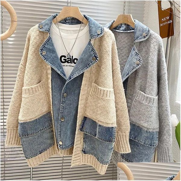 Vestes pour femmes 2023 Automne Winter Femmes épisser la veste en jean à manches longues Jean Femme Pull en vrac Cardigan 231109 Drop livraison Appa Otgux