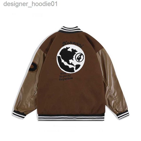 Vestes pour femmes American Retro Street Trend Voyage autour de la Terre Hommes Femmes Uniforme de baseball brodé Vintage Brown Fashion Veste de moto surdimensionnée Flocki