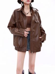 Vestes d'automne en cuir PU pour femmes, manteau de moto marron Vintage, coréen, ample, vêtements d'extérieur urbains, 230914