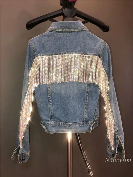 Femmes vestes Bling strass gland chaîne courte veste en Jean femme mince bleu revers dames Jean manteau Chaqueta Mujer 231021