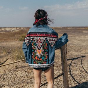 Womens Jackets Boho Denim veste pour femmes automne Appliques florales broderie Vintage paillettes manteau à manches longues vêtements d'extérieur femme jean VOBD