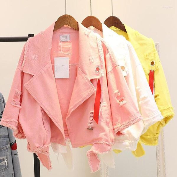 Chaquetas para mujer, chaqueta vaquera de Color caramelo para mujer, chica de primavera, Jean con agujeros cortos, media manga, abrigos vaqueros de otoño para mujer de talla grande