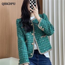 Dames jassen chique ontwerp pailletten groene plaid tweed bijgesneden jas dames Koreaanse mode knoppen korte jas vintage luxe chaquetas de mujer 221007