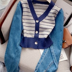 Dames jassen circyy bijgesneden vesten vrouwen trui gestreepte patchwork denim vneck Korean chic gebreide vrouwelijke herfst winterkleding 220930