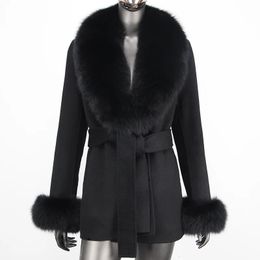 Womens Jackets CXFS hiver femmes cachemire laine mélangée manteau réel naturel col de fourrure de renard mode veste mince avec ceinture vêtements d'extérieur en vrac 231204