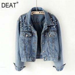 Womens Jackets DEAT livraison rapide automne mode femmes Denim veste à manches longues bouton lâche perles revers court sauvage décontracté AP4 220830