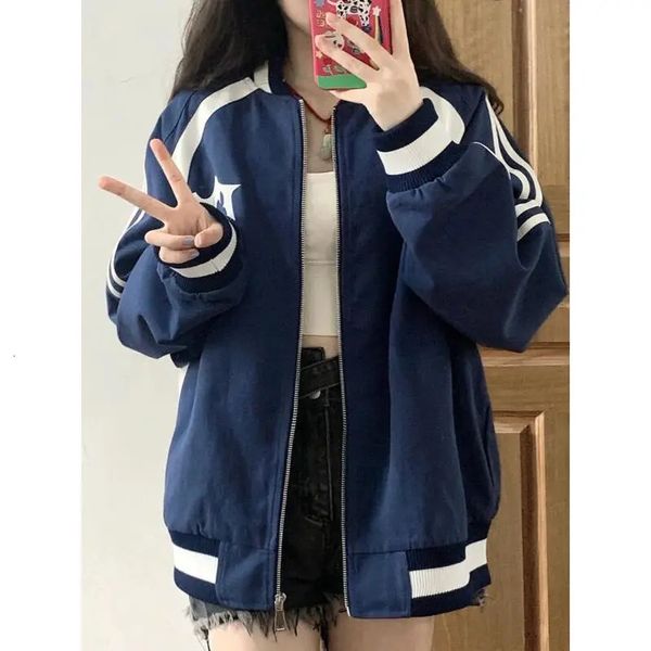 Vestes pour femmes Deeptown Retro Blue Bomber Jacket Mode coréenne Street Clothing Athletic Baseball Zipper University Team Super Large 231118