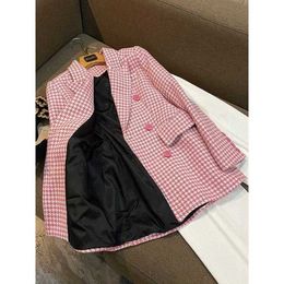 Damesjassen ontwerper Engelse stijl kleine man slim fit mode geruite roze duizend vogel wollen jas middellange jas
