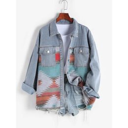 Vestes de vestes pour femmes veste ethnique Aztèque Pocket de la volet imprimé Aztèque Shirt Retro Western Denim épissé - MTI-E DROP DEL DHO3K