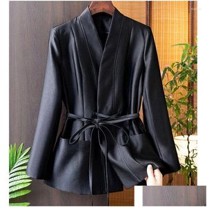 Vestes pour femmes élégant lacé mode blazer 2023 en vêtements d'extérieur col en v à manches longues poche version coréenne haut court Mujer Drop Delivery Othao