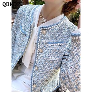 Damesjassen Elegante luxe blauwe plaid tweed jas dames vintage ronde nek parel knop ontwerp korte jas Koreaanse mode chaqueta 230818