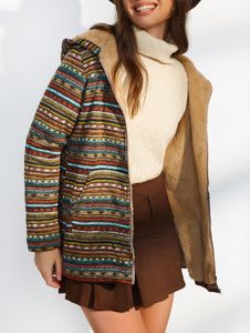 Femmes vestes imprimé ethnique fausse fourrure doublé à capuche manteau zippé femme longue veste floue vêtements d'hiver vêtements d'extérieur 230208