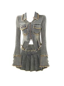 Vestes Femmes Automne Femmes Mode Coréenne Vintage Denim Rave Tenues 2 Pièces Ensemble À Manches Longues Jean Veste Y2k Gyaru Mini Jupes Plissées 231114