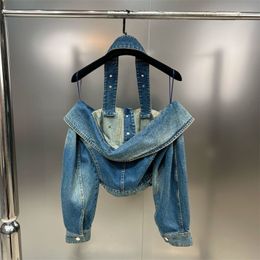 Femmes Vestes De Mode Off Épaule Denim Veste pour Femmes À Manches Longues Sexy Slim Cou Ceinture Survêtement Jean Manteau Top Vêtements 230808