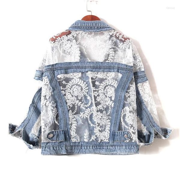 Chaquetas para mujer Floral Bordado Recorte Panel de encaje Denim Jeans de verano Ropa de protección solar Empalme Jean Tops Drop Entrega Ropa Dhn2L