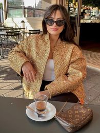 Femmes Vestes Doré Paillettes Col Montant Mode Femmes Veste Fermeture Éclair Manches Longues Poches Femme Manteau Automne Solide Streetwear Dame Top 231129