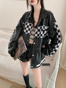 Vestes pour femmes Harajuku Y2k Esthétique Vintage PU Veste en cuir Femmes Damier Baseball Mode Lâche Femme Punk Manteau 231120