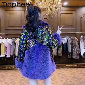 Vestes pour femmes couleur lourde paillettes violet manteau de fourrure femmes Toka laine veste lâche col décontracté épais chaud pardessus hiver 220926