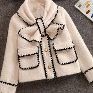 Damesjassen Hoge kwaliteit Dames Witte Strik Nertsen Jas Jas Voor Vrouwelijke Slanke Patchwork Zak Bovenkleding Dames Wol Korte Jas Winterkleding 220921