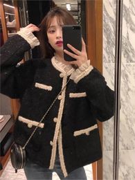 Damen Jacken Hstar Elegante dünne kurze Herbst Caot Frauen koreanischen Stil Spitze Pathchwork Tweed Jacken Gericht Stil Strickjacke Oberbekleidung 230216