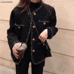 Femmes Vestes Coréenne Femme Noir Tweed Veste Manteau Femmes Manteaux Manteaux Style Canal Recadrée Rayé Kawaii Vintage Costume De Mode 221007