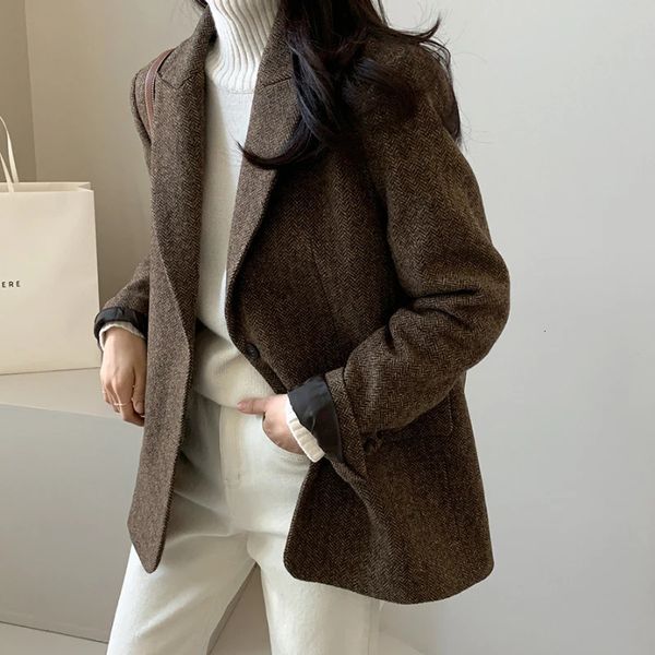 Vestes pour femmes Coréen gris laine Blazer femmes automne hiver poches simples tenue de bureau col cranté épais Blazers élégant dame veste 231021